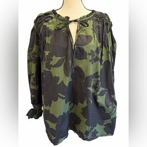 Golden Womens Top Plus Size 3X Green Black Floral V-Neck Tie Neck Long Sleeve